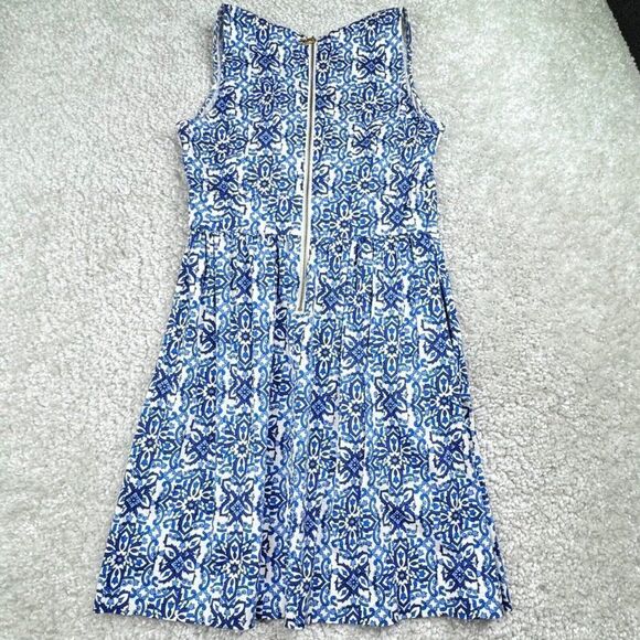 Milly V Neck Blue Print Dress Pockets - Picture 3 of 13